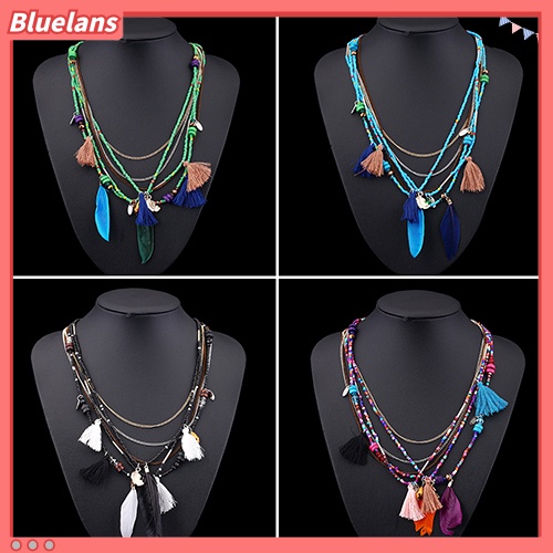 Bluelans Kalung Rantai Multilayer Hias Manik-Manik Bulu Rumbai Gaya Etnik Boho Untuk Wanita