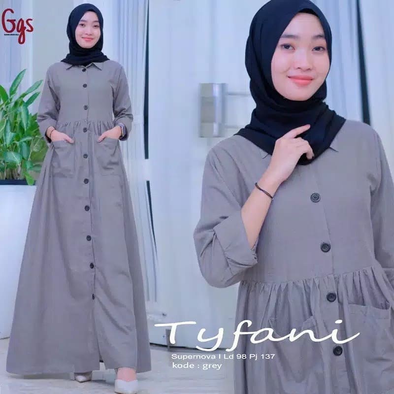 Tyfani Dress / Gamis kancing dan saku ukuran M,L,XL,XXL