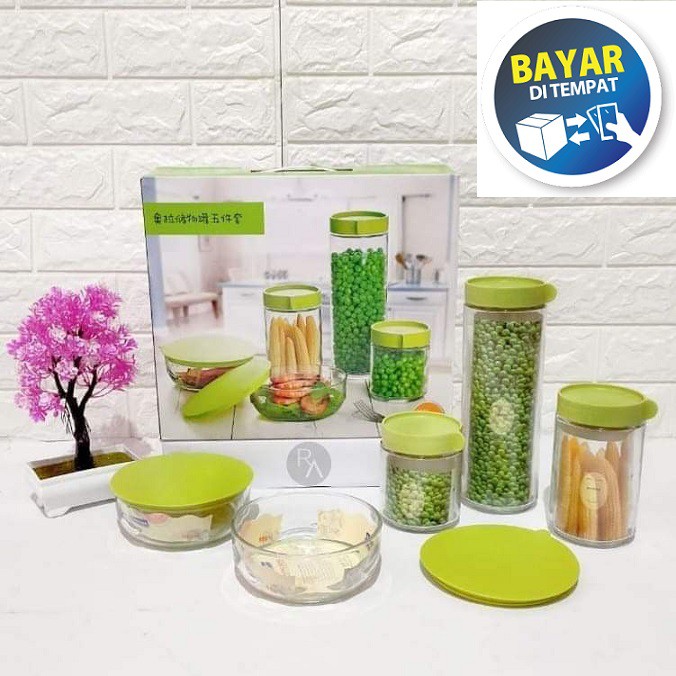 Toples Kaca Serbaguna Set isi 5 / Toples Mangkok Kaca / Toples Kue Lebaran / Glass Jar Bowl / Nastar