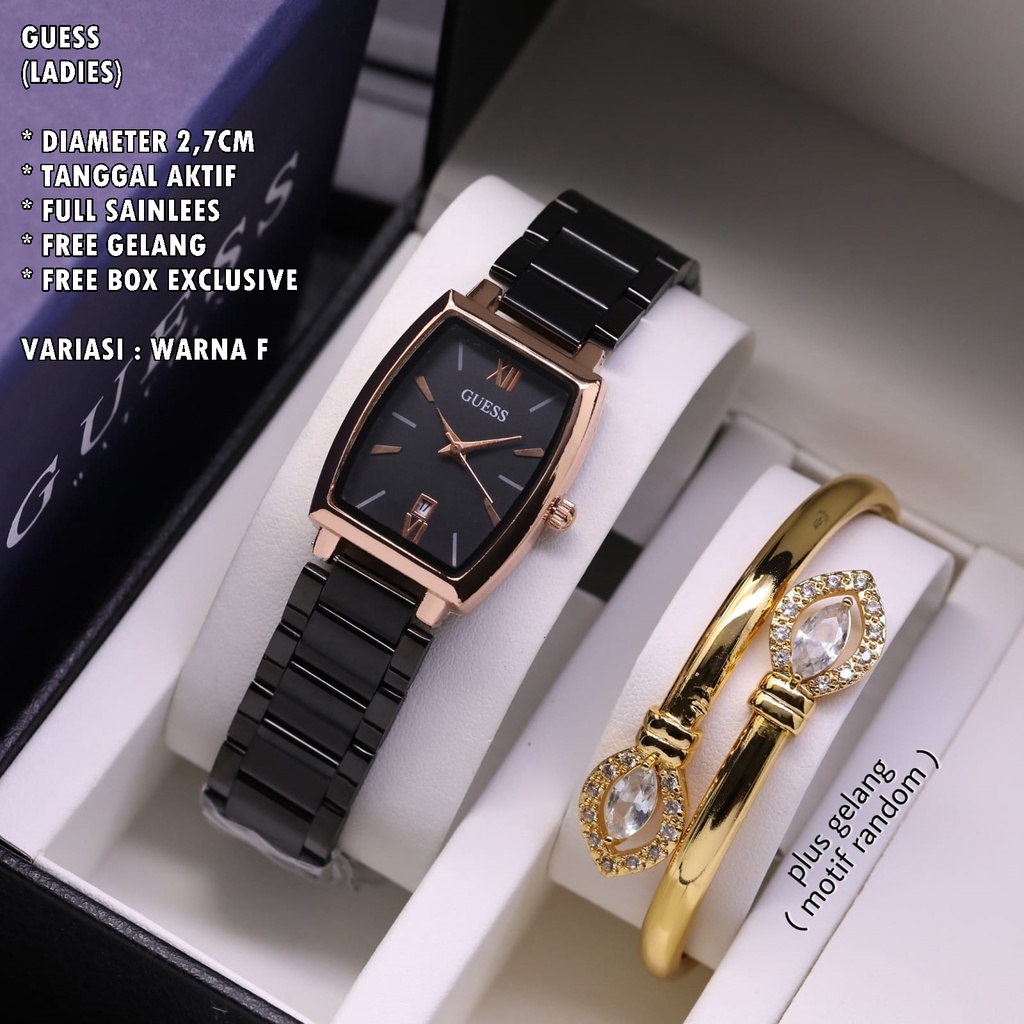 (BISA COD) JAM TANGAN WANITA GUESS RANTAI OVAL TANGGAL AKTIF FREE GELANG