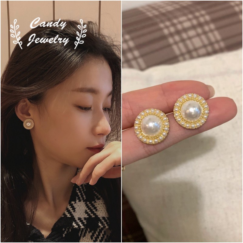 Anting Tusuk Sterling Silver 925 Desain Geometri Bulat Hias Mutiara Imitasi Ala Korea Untuk Wanita