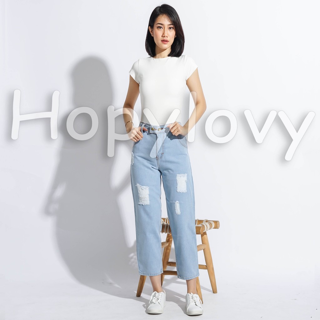 HOPYLOVY - Celana Jeans Boyfriend Wanita Ripped Furing Danita