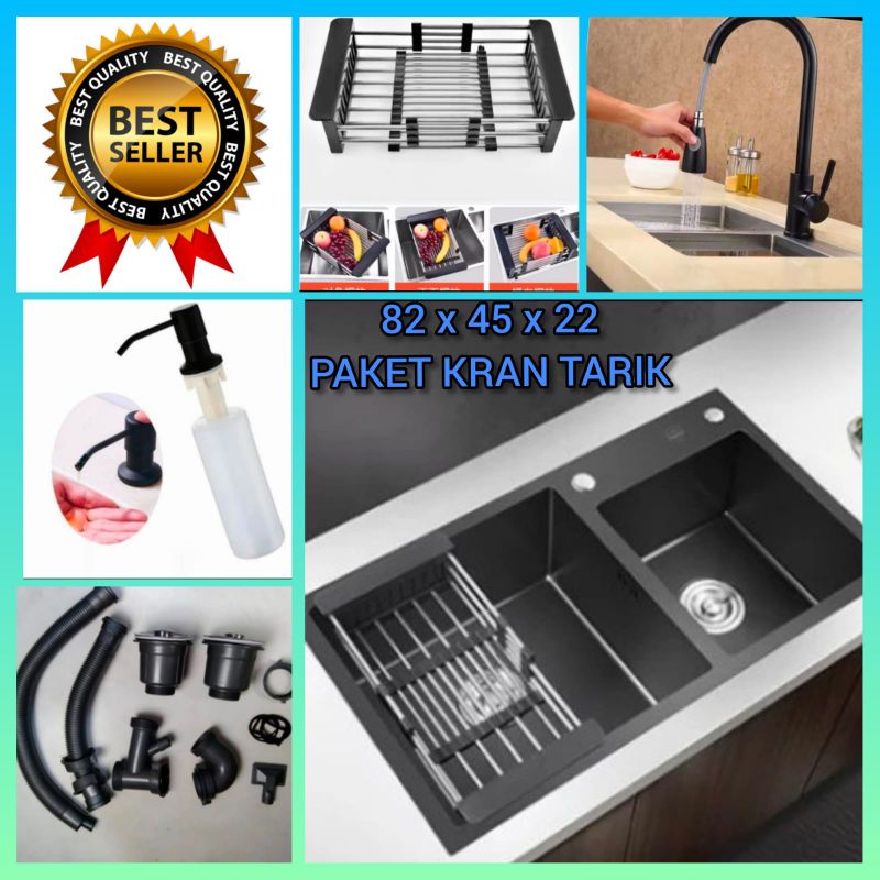 KITCHEN SINK 8245 BLACK KOMPLIT KRAN TARIK MODEL ONAN/ BAK CUCI PIRING HITAM 2 LUBANG/ KITCHEN SET S