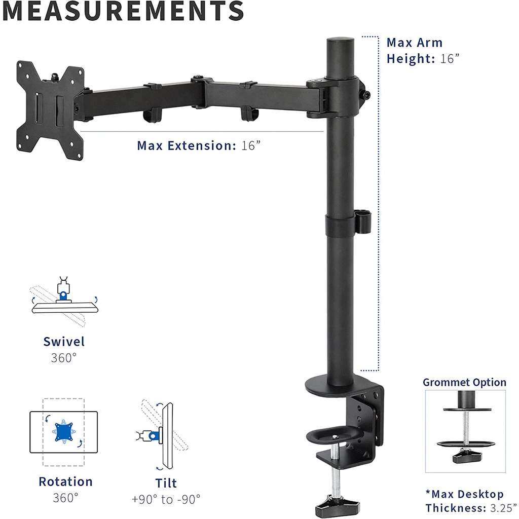 Bracket Braket Breket Stand Kaki Monitor Single Mounting Jepit Clamp Meja Mount Arm Holder Dudukan R