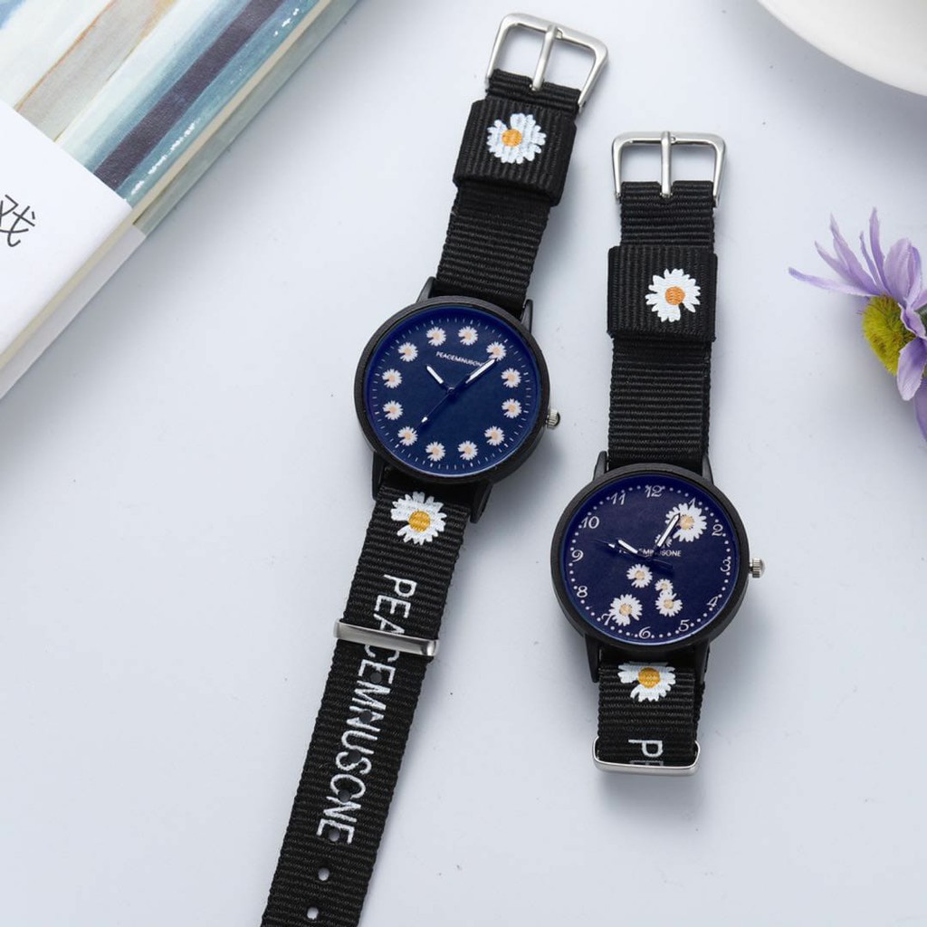 [COD] Watchyou JamTangan Wanita A0056 Gaya Korea Motif Bunga Daisy Strap Kanvas Untuk Pasangan