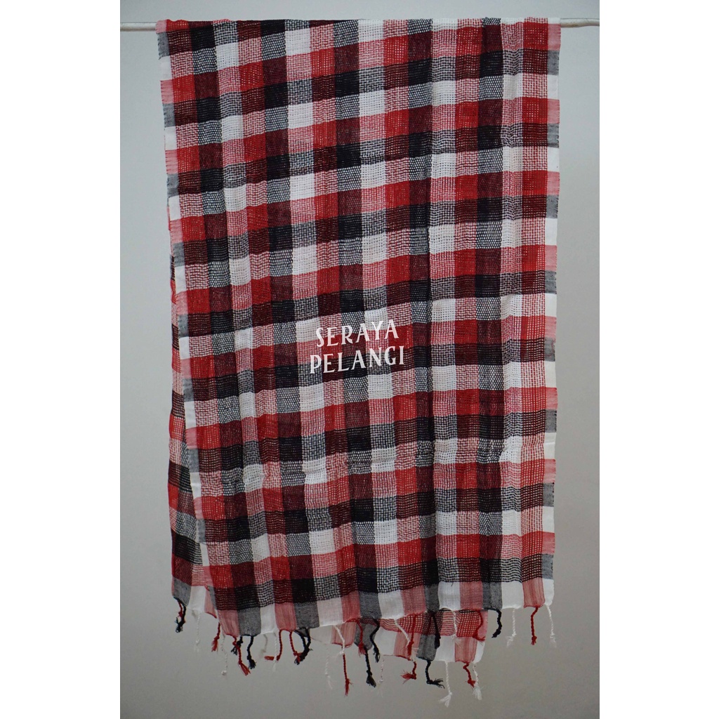 Selendang Rajut | Scarf | Syal | Shawl | Pasmina | Pashmina | Souvenir | Birthday Gift | Hadiah Ulang Tahun | Aksesoris Fashion Wanita Pria | Poleng | Catur | Kotak Hitam Putih | Grosir Murah | Unisex | Polos-02 Kotak Tridatu