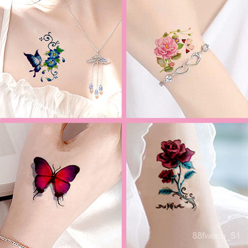 Tato Stiker Tahan Air dan Tahan Lama Wanita3DRose Bunga Kupu-kupu Bianhua Tahan Air Impermanence Bis