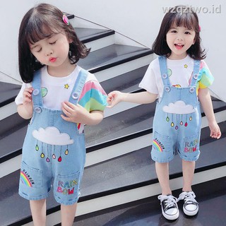 2pcs set Kaos  T Shirt Lengan  Pendek  Overall Denim Pelangi  
