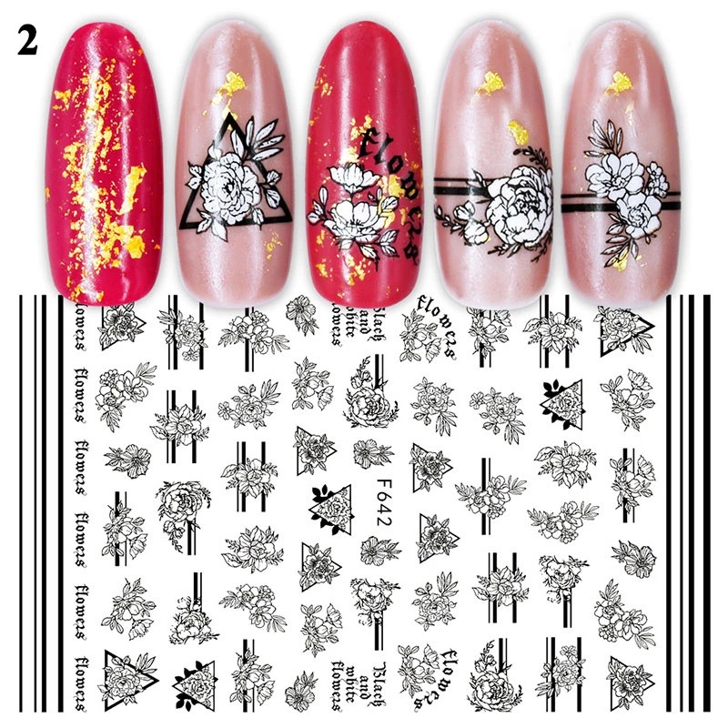 1 Sheet Pack 3D Black White Abstract Geometric Nail Foils / Flower Heart Pattern Paper Nails Stickers / Fashion Self-Adhesive Water Transfer Nail Decal / Manicure Art Decorations / DIY Nail Makeup Tools