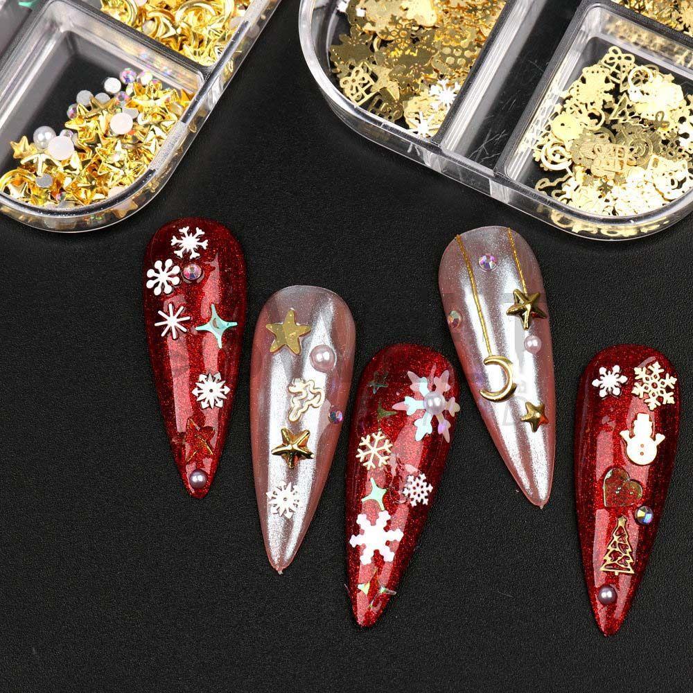 AUGUSTINA Agustinina Natal Kuku Serpihan Bulan Bintang 6kisi Pohon Natal Snowman Nail Art Perhiasan Snowflake Nails Flakes