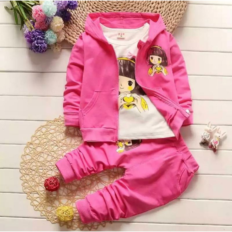 SETELAN JAKET ANAK 3 IN 1 TERBARU/SET JAKET MOTIF LOVE GIRLS UNTUK 1-5 TAHUN