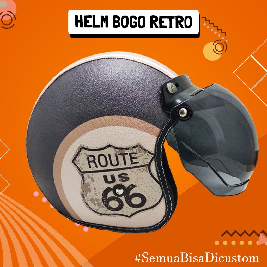 Helm Bogo Retro Kulit Pria Dewasa Route 66 US Brown Cream Free Tambah Nama
