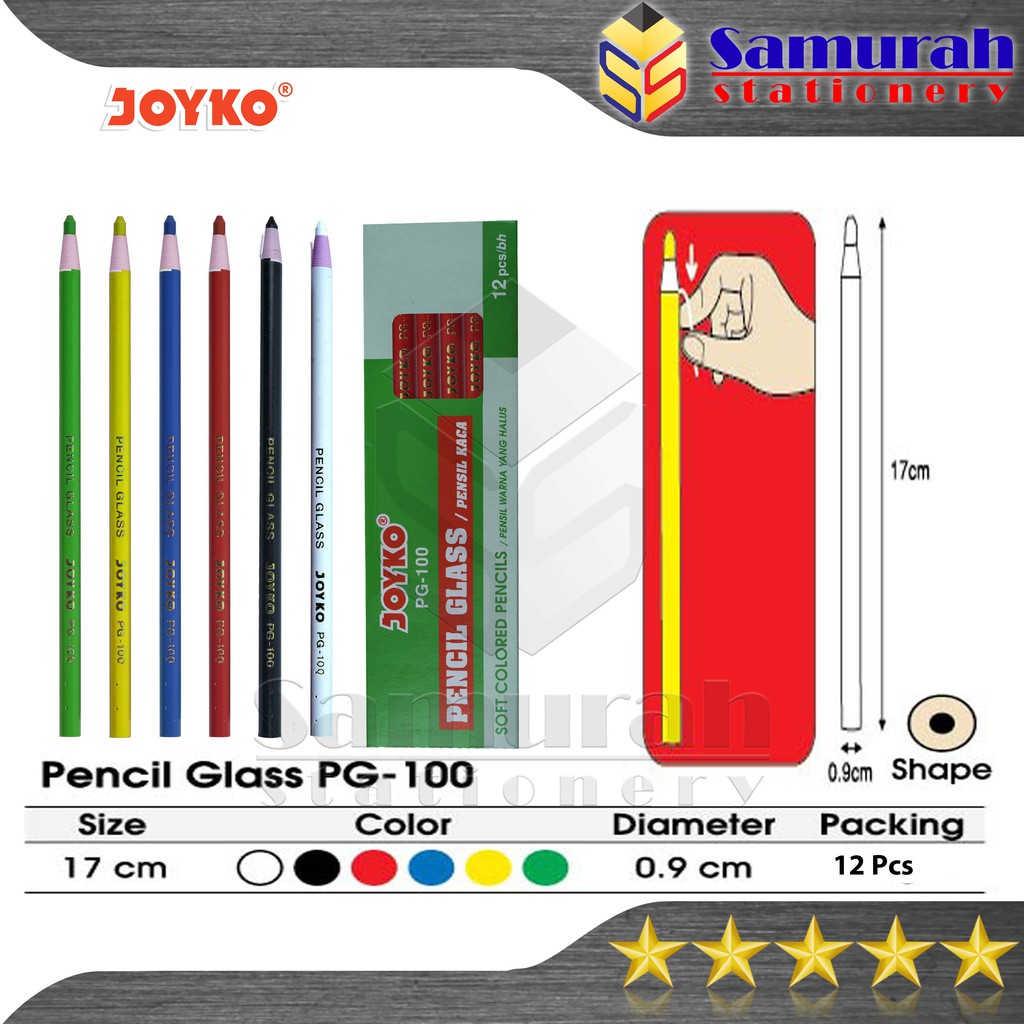 

Pensil Kaca Warna Joyko PG-100 / Pencil Glass Dermatograph PG 100 Hitam - Biru Tua - Hitam - Hijau - Kuning - Merah