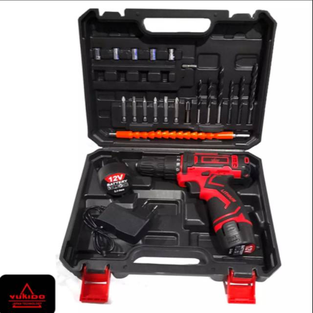 Bor cordless12v/12 v/12 volt/12volt YUKIDO 25torsi Bor baterai set koper