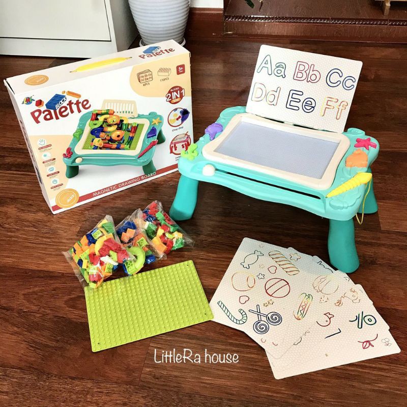 Mainan edukasi meja belajar Lego pintar mainan magnetic drawing board pallete table blok 2in1