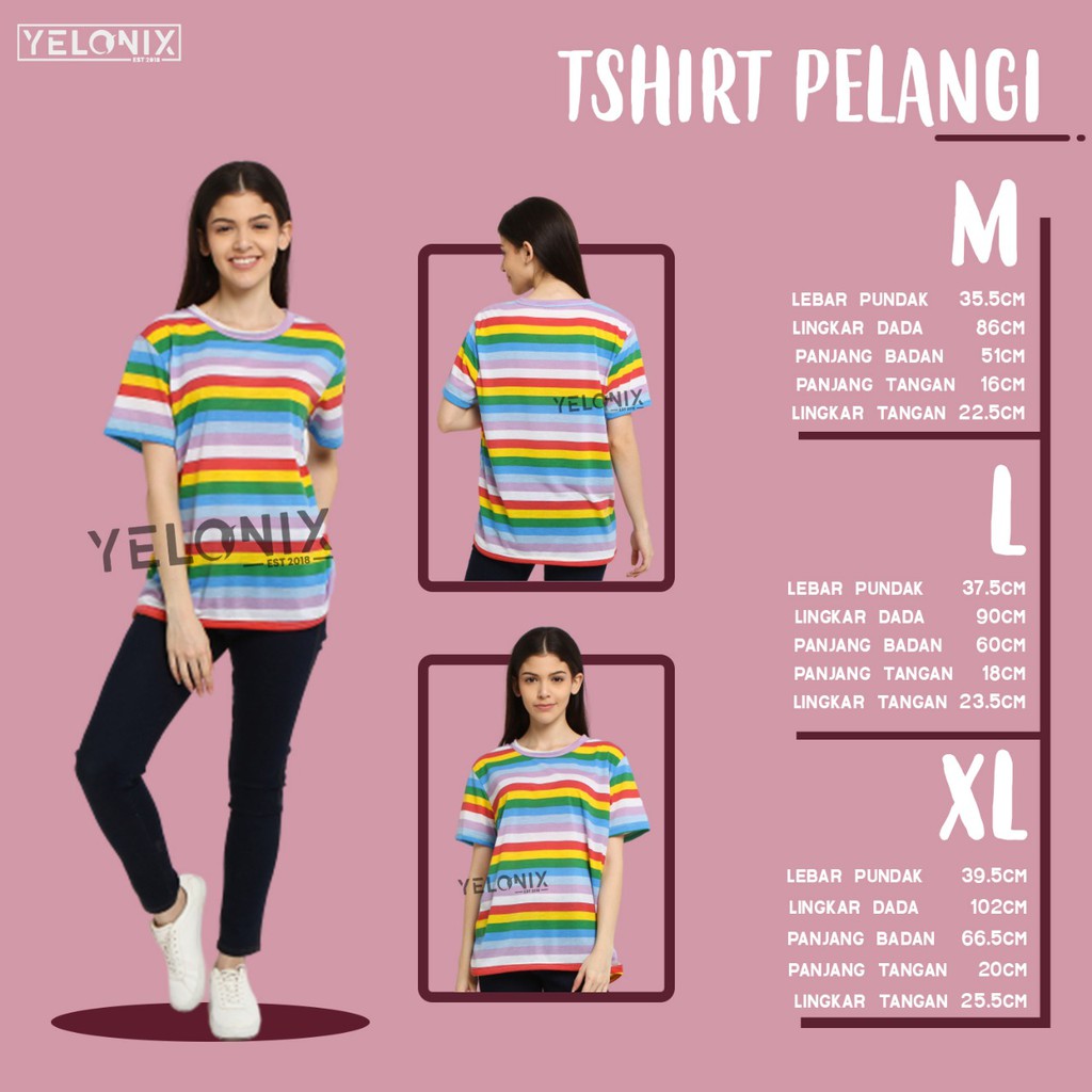 KAOS T-SHIRT ONECK MOTIF GARIS PELANGI SWEET CANDY RAINBOW - YELONIX