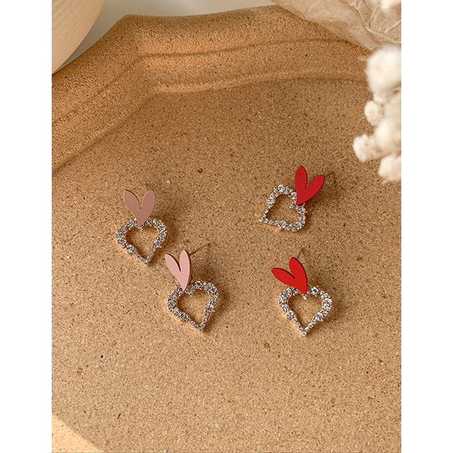 LRC Anting Tusuk Fashion Pink 925 Silver Needle Heart Flash Diamond Earrings D89771