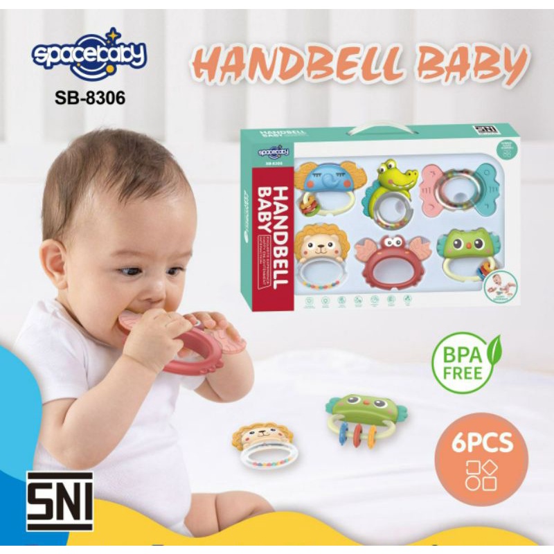 SIYA✨FREE BUBBLEWRAP HANDBELL GIGITAN BAYI SPACEBABY RATTLE TEETHER SET ISI 5 SB 8305 8306 8307 GIGITAN BAYI SPACEBABY SB8305 KADO ULTAH MURAH KADO MURAH KADO ANAK MURAH