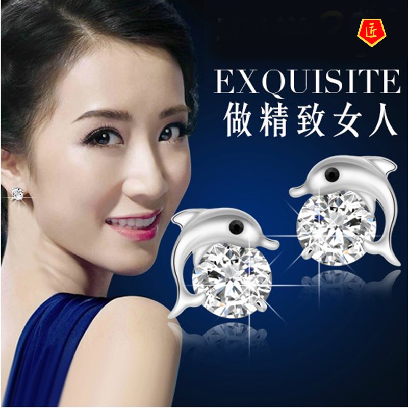 [Ready Stock]Silver Dolphin Diamond Stud Earrings Korean Style Fashion