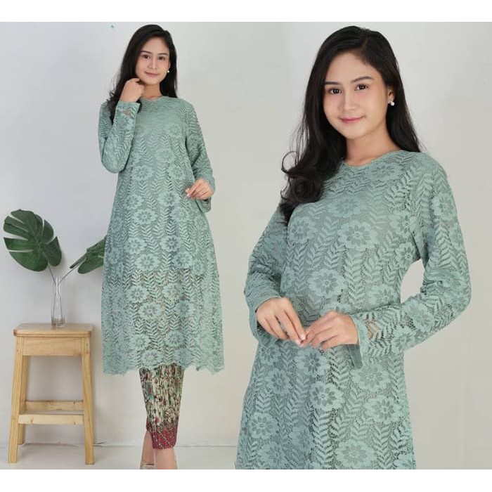 Setelan Kebaya Modern Brokat Tunik / Longcape Brukat Hijau Dan Waran Lainnya