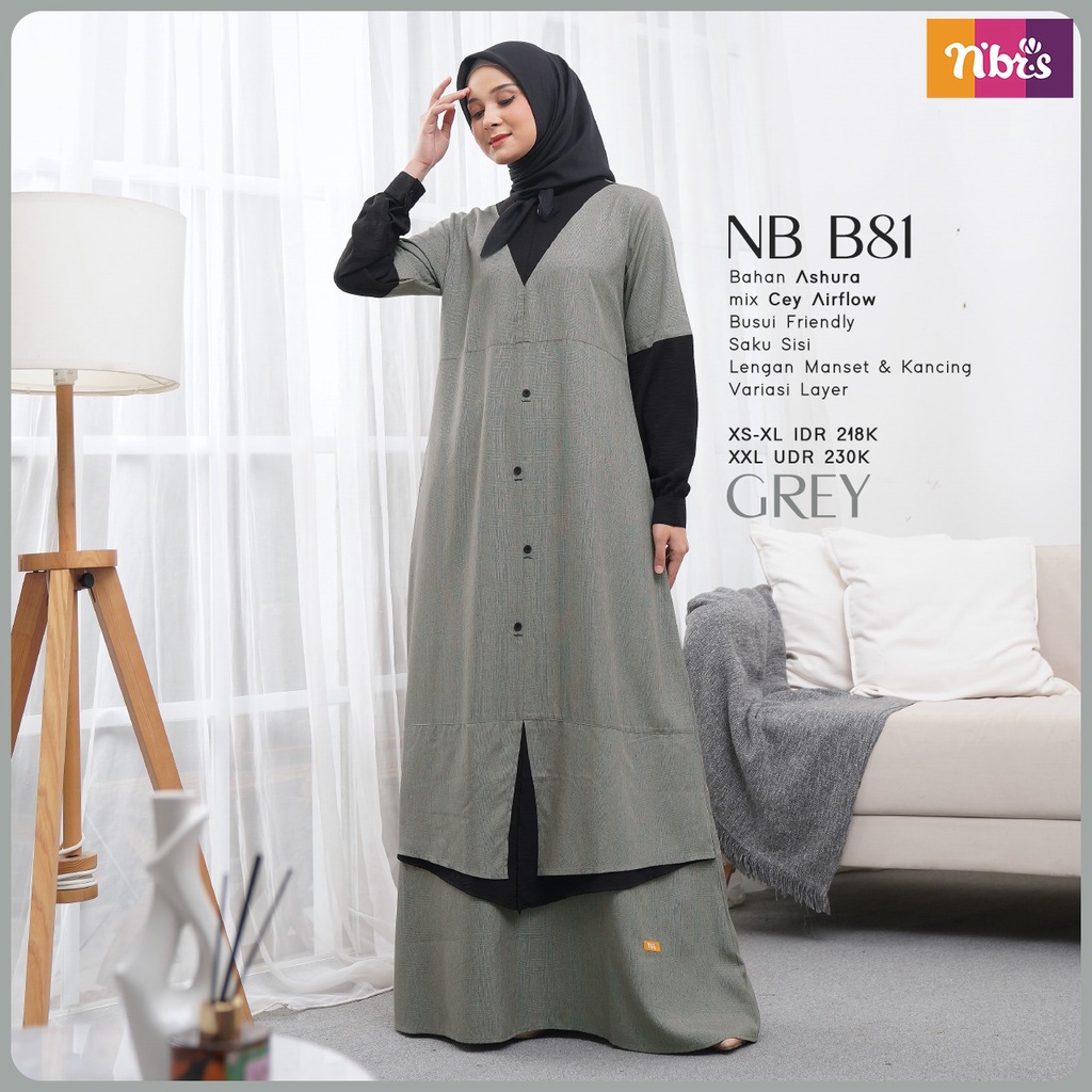 Nibras NB B81 Bahan Ashura mix Cay Airflow Gamis Polos Dengan Kombinasi 2 Warna Simple