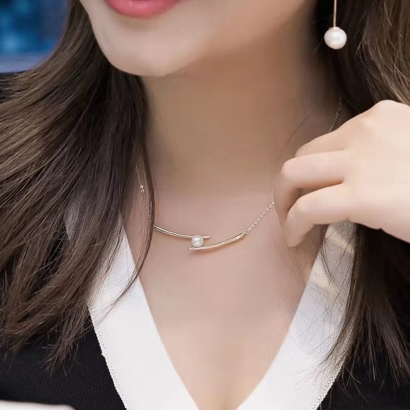 S925 Perak Kalung Rantai Liontin Mutiara Perhiasan Fashion Wanita Baja Titanium Emas Necklace