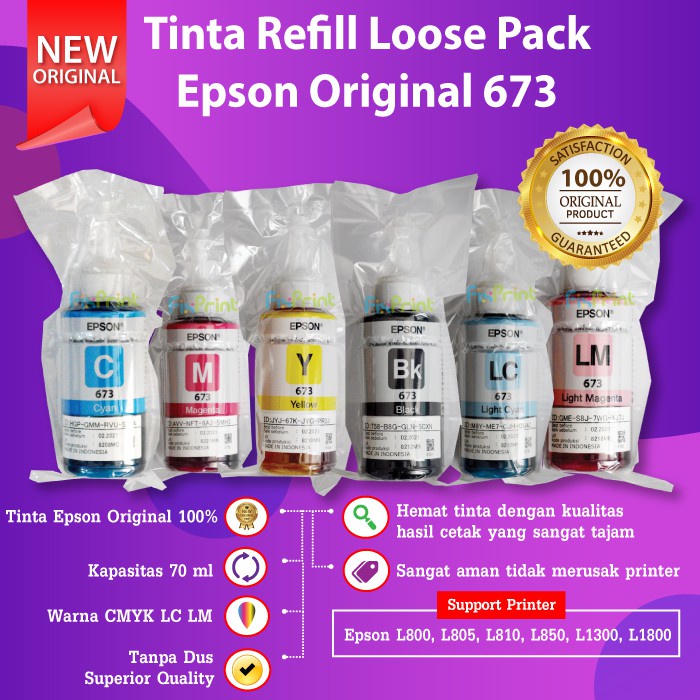 Tinta Epson 673 C13T673 T673 Reefill Original L800 L805 L810 L850 L1800 Black Cyan Magenta Yellow