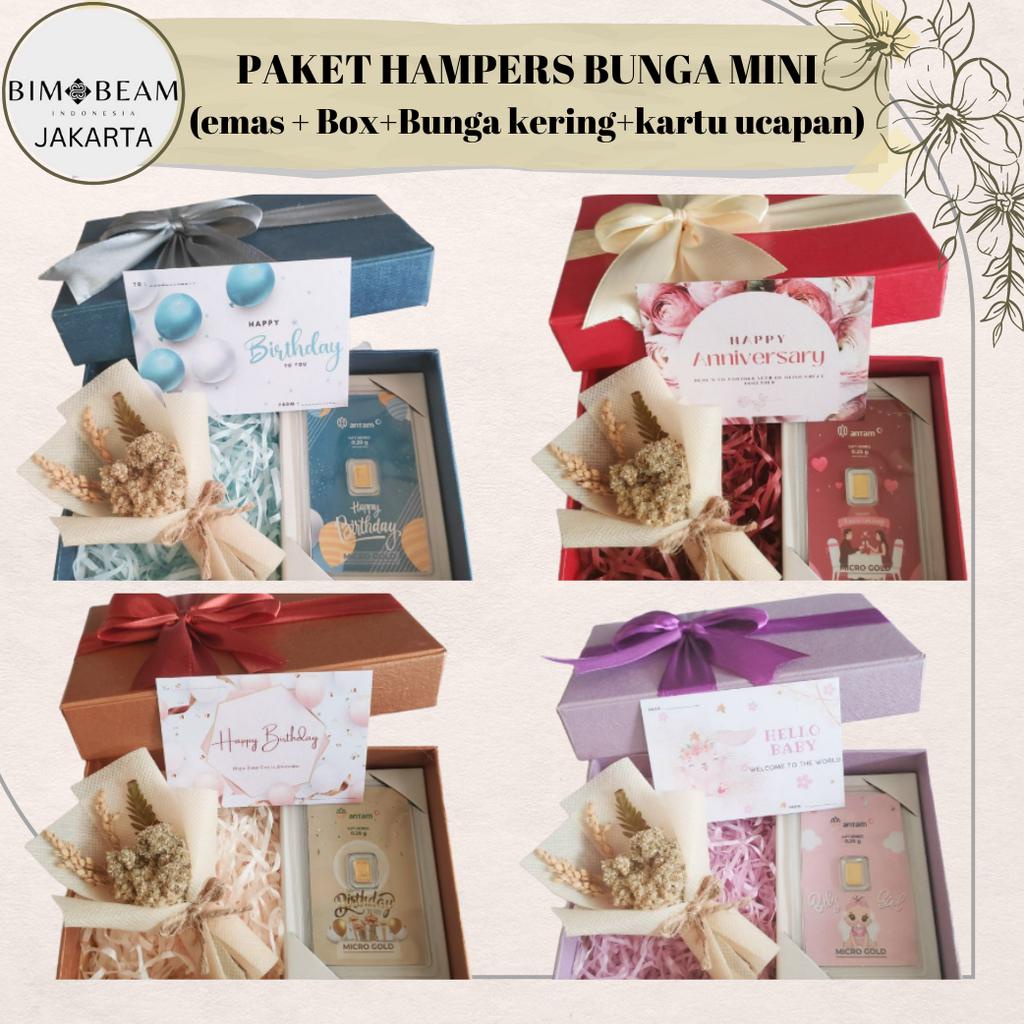 PAKET HAMPERS BOUQUET 0,1 gr 0,25gr EMAS LM ANTAM BUNGA MINI sudah termasuk Kartu ucapan