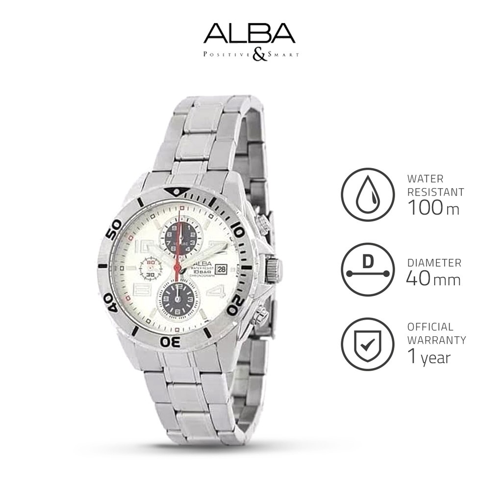 Alba Jam Tangan Pria Chronograph AF8N99 / AF8N99X1 Quartz White Black Dial Stainless Steel Strap Wat