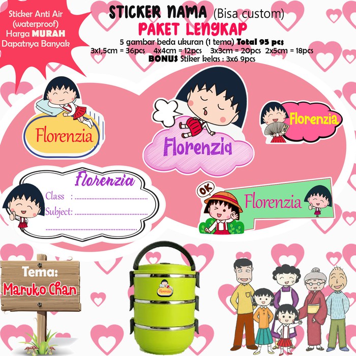 

Sticker Nama Lucu/Custom/Kartun/Cartoon/Waterproof - MARUKO CHAN 95pc