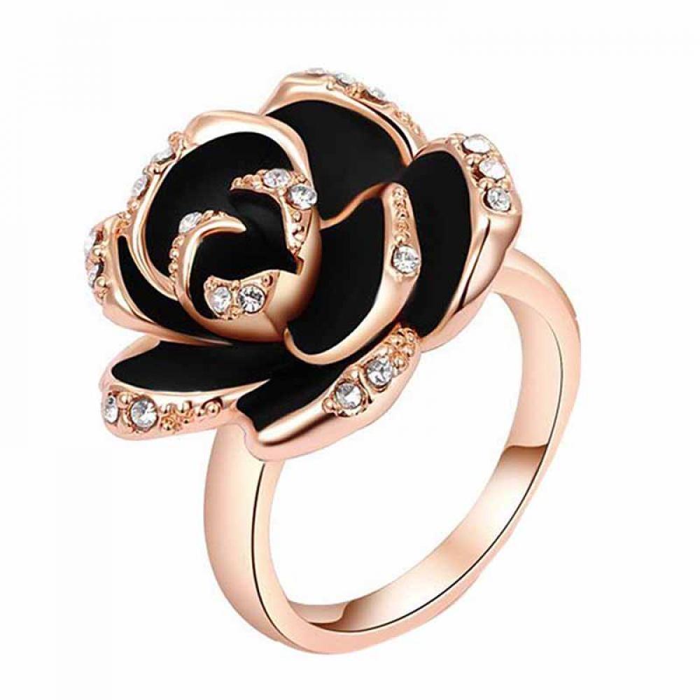 Cincin Desain Bunga Mawar Kristal Warna Hitam Emas Dapat Disesuaikan Untuk Wanita