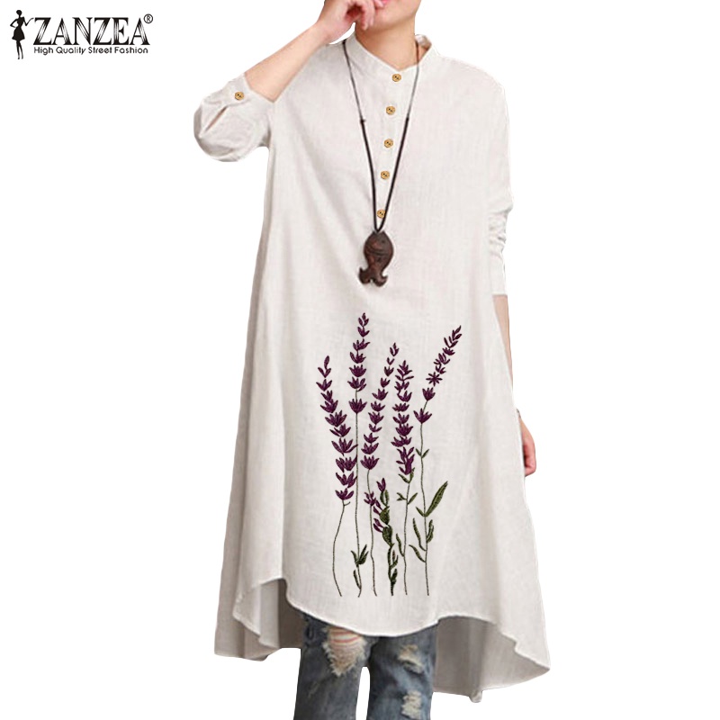 ZANZEA Women Button-Front Long Sleeve Embroidery Irregularity Hem Blouse