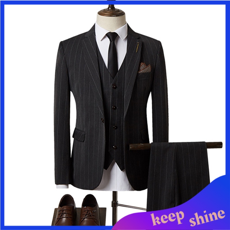 Jas Pria Formal Premium Groom Wedding Suit Three Piece Fashion British Style Men's Stripe One Button