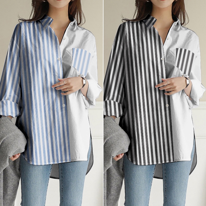 ZANZEA Women Casual Long Sleeve Lapel Loose Striped Patchwork Blouse