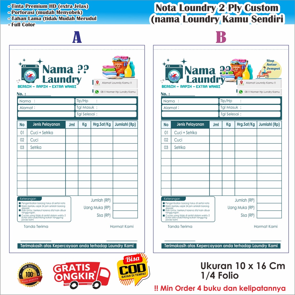 nota laundry custom 2 ply Full Color nama londry kamu sendiri nota custom ukuran 1/4 polio