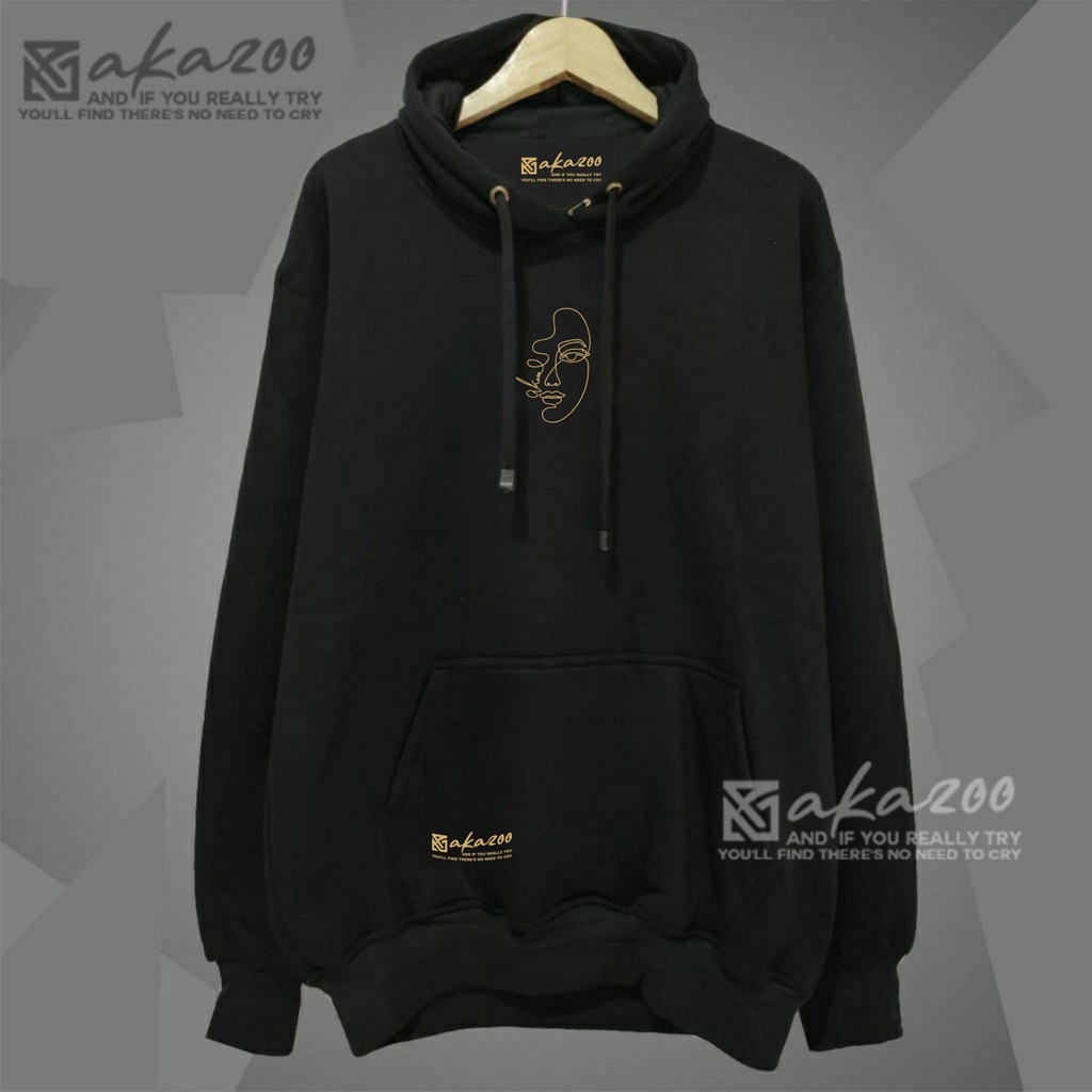 hoodie cowok oversize korean style AKAZOO warna hitam GAMBAR MUKA  REPTIL tulisan sablon gold