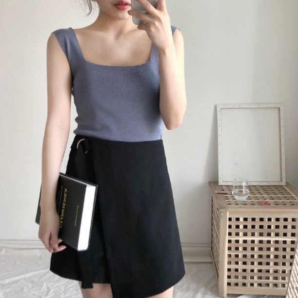 T08 tank top wanita pakaian atasan tanktop cewek korea rajut square neck inner wear-3