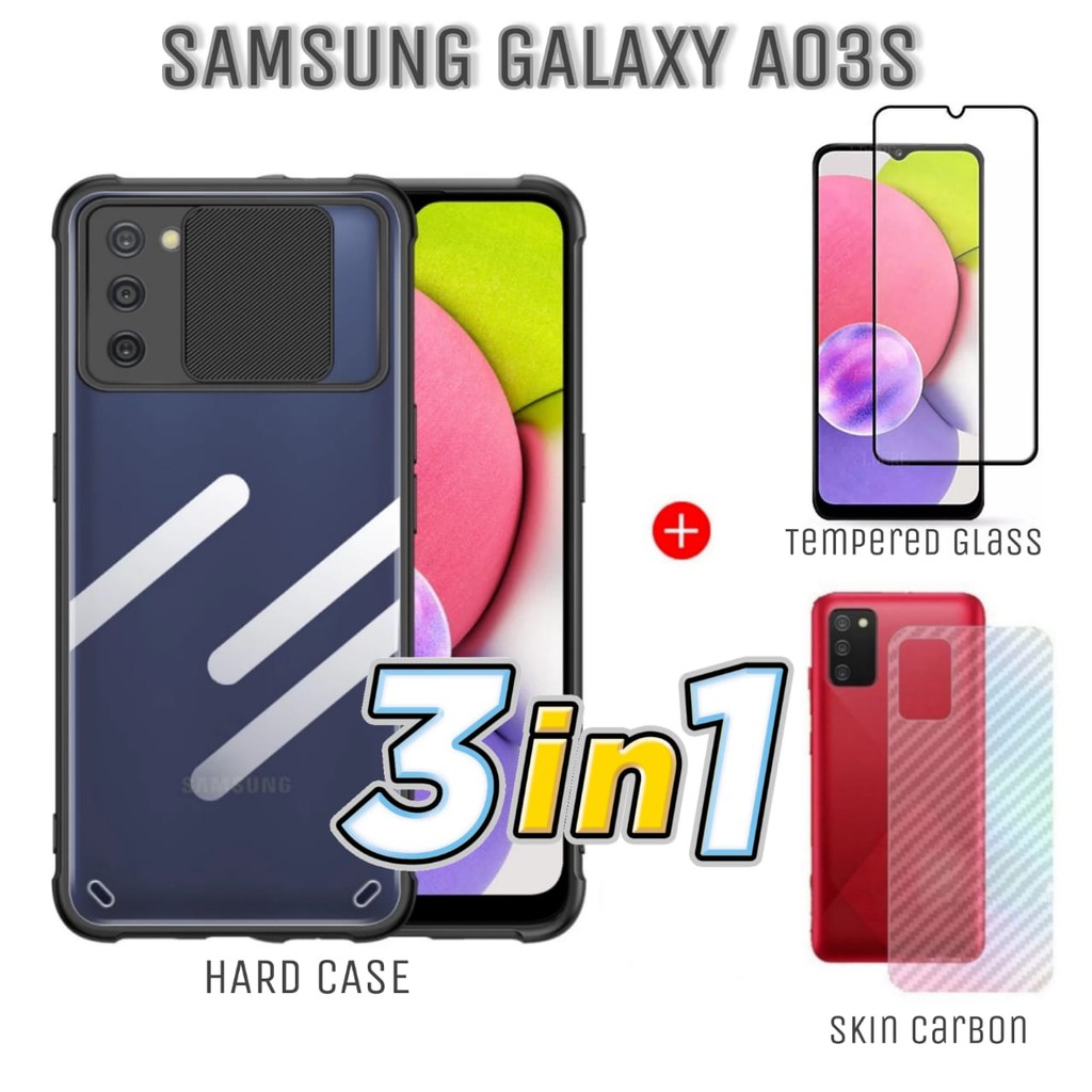 PROMO Paket 3in1 Hard Case Shield Samsung Galaxy A03s Case Fusion Sliding Free Tempered Glass Layar Dan Skin Cabron