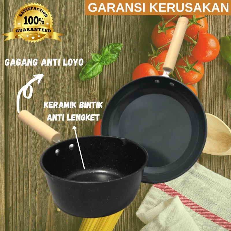 GW Panci Set Teflon Anti Lengket Gagang Kayu 2in1i