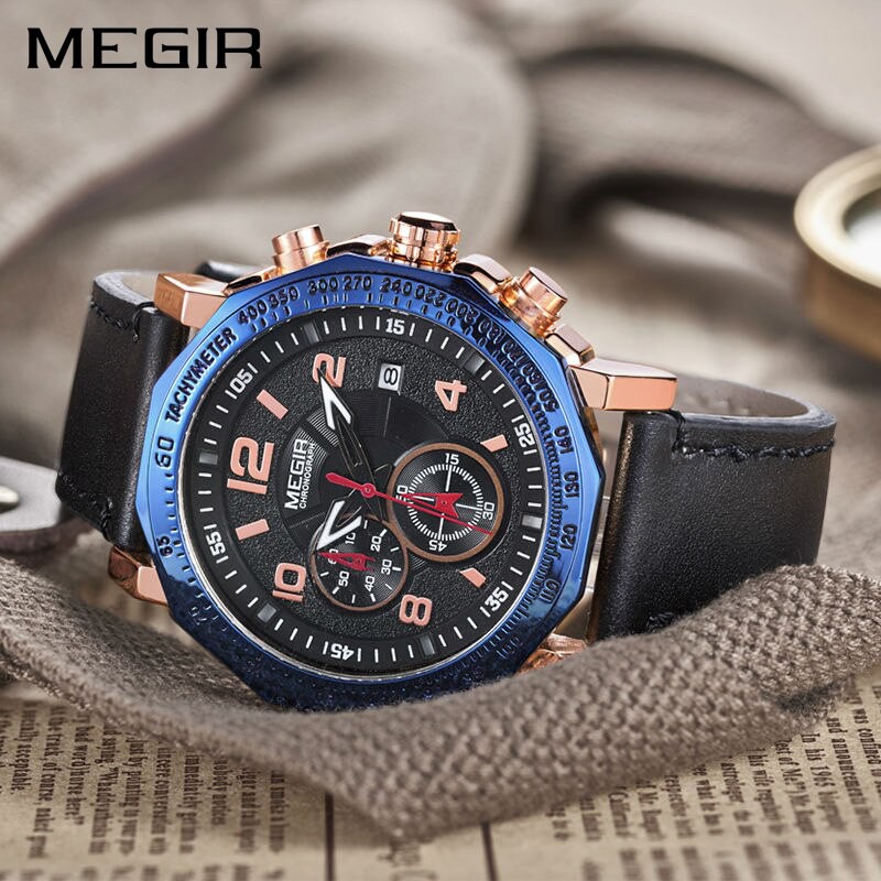 MEGIR 2048 Jam Tangan Pria Analog Chronograph Tali Kulit WATCHKITE WKOS