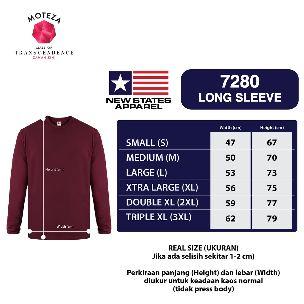 Kaos Polos Lengan Panjang Long Sleeve - New State Apparel NSA Premium Cotton 7280 - 3XL / XXXL