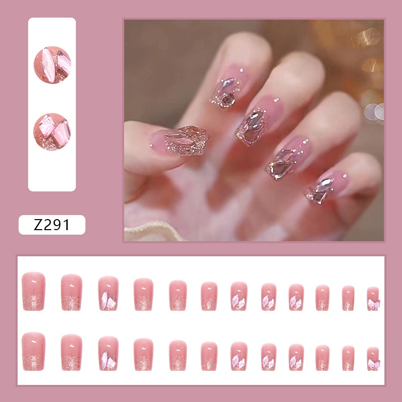 24pcs / Kotak Kuku Palsu Panjang Warna Ungu Aksen Berlian Imitasi Glitter Silver Untuk Dekorasi Nail Art