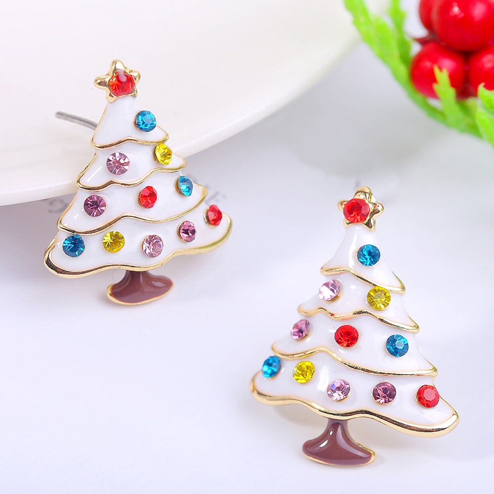 Hu Hu Hu Hu Hu Alat Bantu Pasang Kacamata♡ Anting Stud Desain Pohon Natal Bahan Alloy Aksen Berlian Imitasi Untuk Wanita