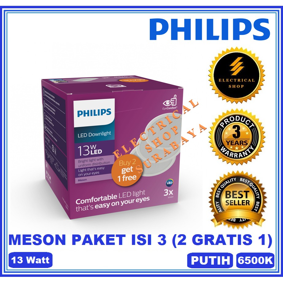 PHILIPS DOWNLIGHT LED MESON PAKET 13W 13 WATT 125 6500K PUTIH 59464 MULTIPACK BUNDLING 2 GRATIS 1