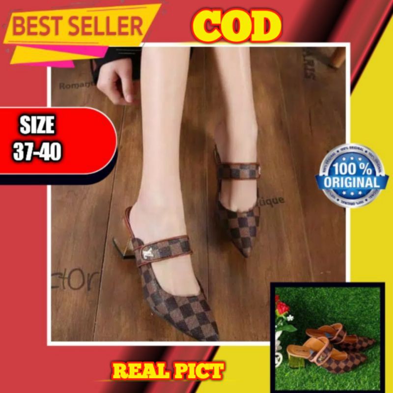 Sepatu Wanita High Heels Hak Tahu Lv Murah Kekinian Terbaru Ori  Coklat F03