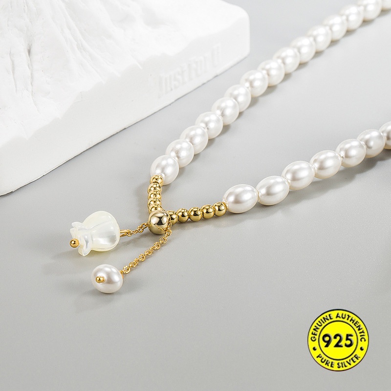 Kalung S925 Silver Liontin Mutiara Bunga Lily Lapis Emas 18K Gaya Elegan