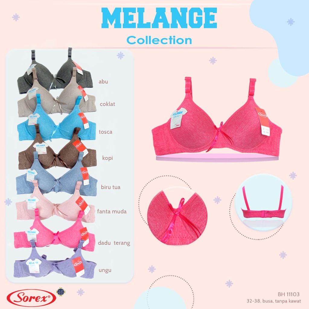 Bra SOREX BH 11106 Melange Collection - BH Tanpa Kawat -  BUSA TIPIS TANPA KAWAT DUA PENGAIT - BAHAN KATUN MELANGE COLLECTION SIZE 34 36 38 40 ARA98STOREBra Sorex Tanpa Kawat 11106 Busa Tipis Kait 2 Bh Sorex Cup Kecil 34-40 Best Seller