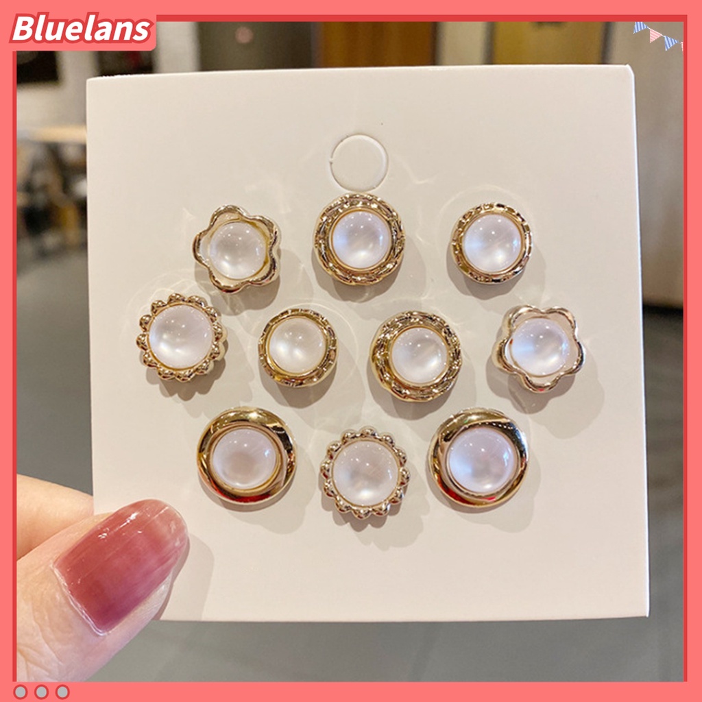 Bluelans 10Pcs / Set Bros Pin Kancing Bulat Desain Bunga Hias Mutiara Imitasi Aksesoris Wanita