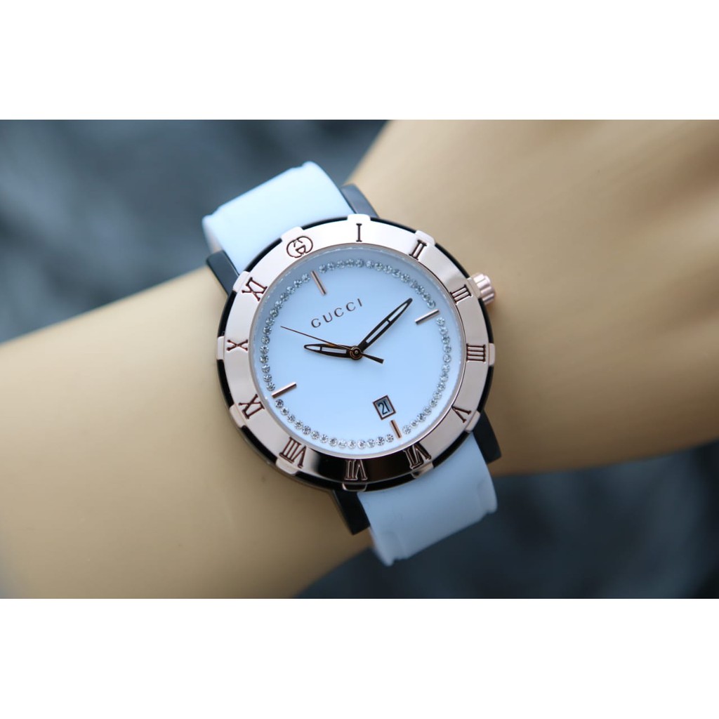 Jam Tangan Wanita Cewek Analog Fashion Gucci Premium Tanggal Tali Rubber