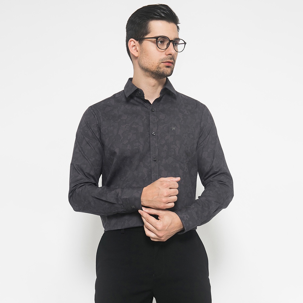 Johnwin - Kemeja Formal - Motif Bunga Abstrak - Hitam - Regular Fit - FSH.650.K249.845.C-L/S